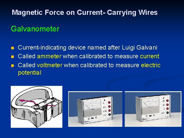 Magnetic Force on Current- Carrying Wires Galvanometer n n n Current-indicating device named after