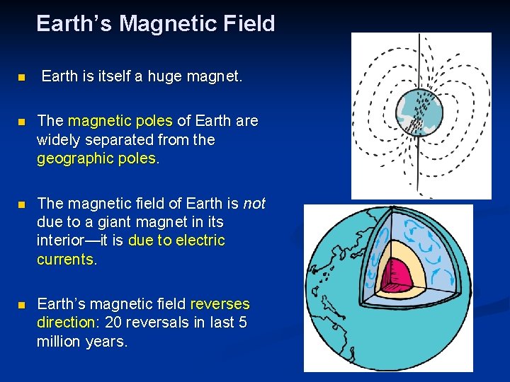 Earth’s Magnetic Field n Earth is itself a huge magnet. n The magnetic poles