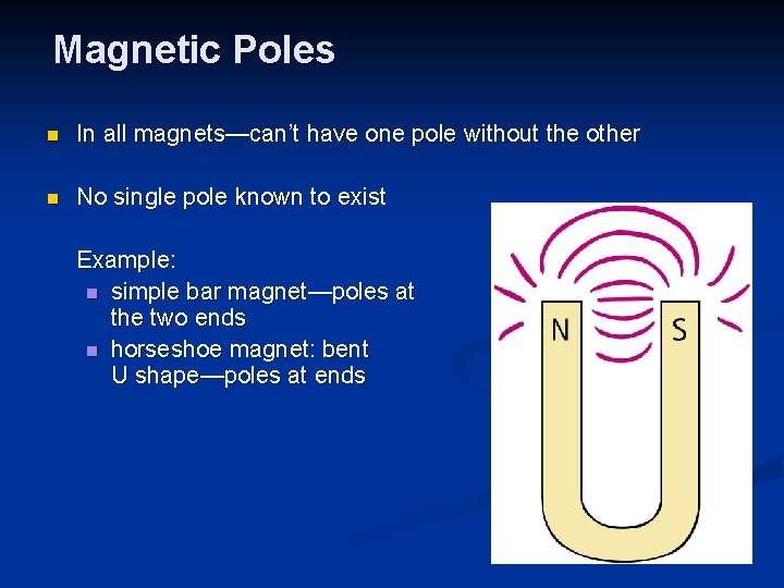 Magnetic Poles n In all magnets—can’t have one pole without the other n No