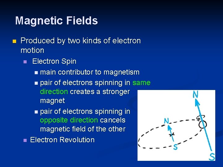 Magnetic Fields n Produced by two kinds of electron motion n n Electron Spin