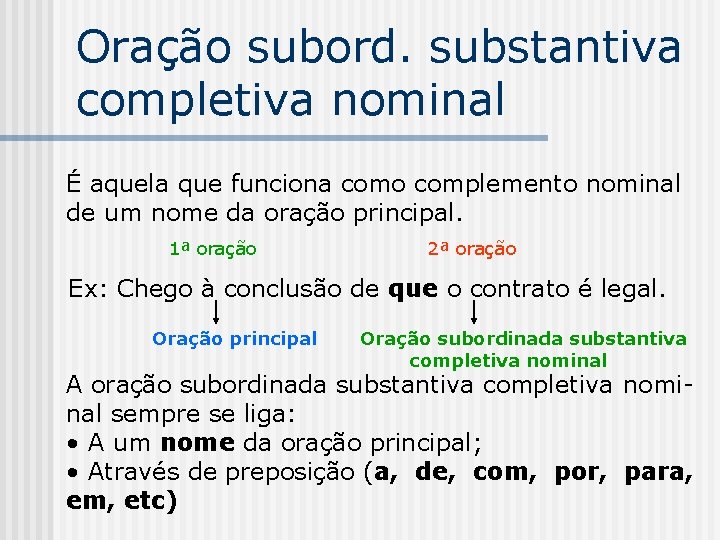 Oração subord. substantiva completiva nominal É aquela que funciona como complemento nominal de um