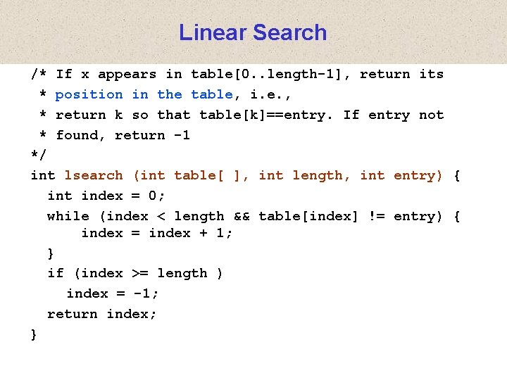 Linear Search /* If x appears in table[0. . length-1], return its * position