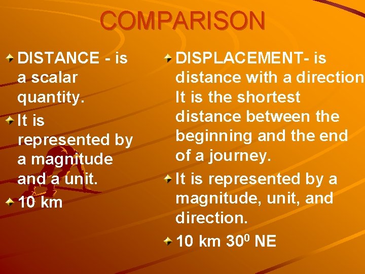 COMPARISON DISTANCE - is a scalar quantity. It is represented by a magnitude and