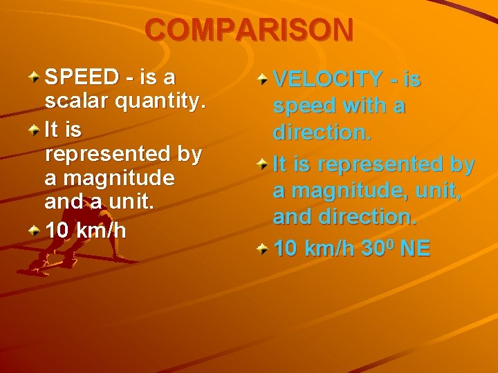 COMPARISON SPEED - is a scalar quantity. It is represented by a magnitude and