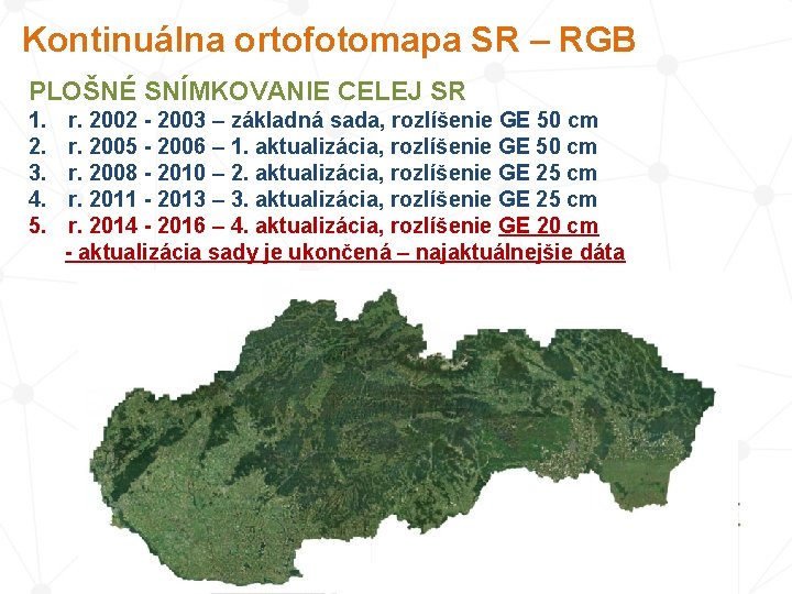 Kontinuálna ortofotomapa SR – RGB PLOŠNÉ SNÍMKOVANIE CELEJ SR 1. 2. 3. 4. 5.