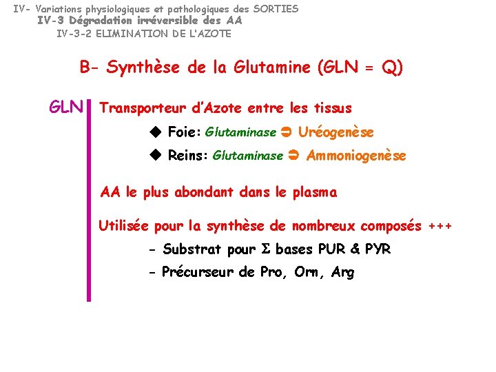 IV- Variations physiologiques et pathologiques des SORTIES IV-3 Dégradation irréversible des AA IV-3 -2