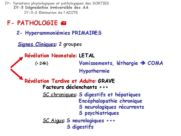 IV- Variations physiologiques et pathologiques des SORTIES IV-3 Dégradation irréversible des AA IV-3 -2