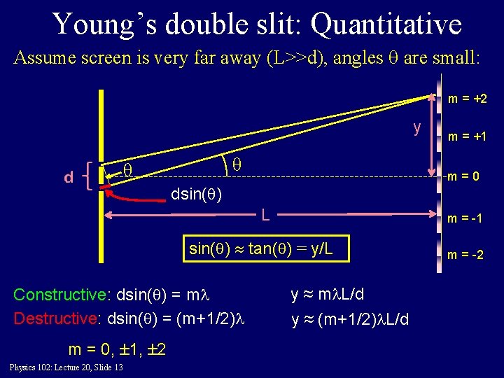 Young’s double slit: Quantitative Assume screen is very far away (L>>d), angles q are