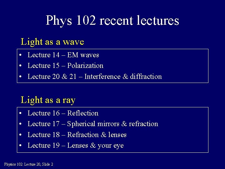 Phys 102 recent lectures Light as a wave • Lecture 14 – EM waves