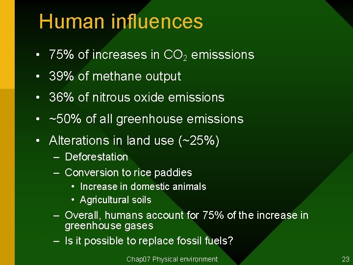 Human influences • 75% of increases in CO 2 emisssions • 39% of methane