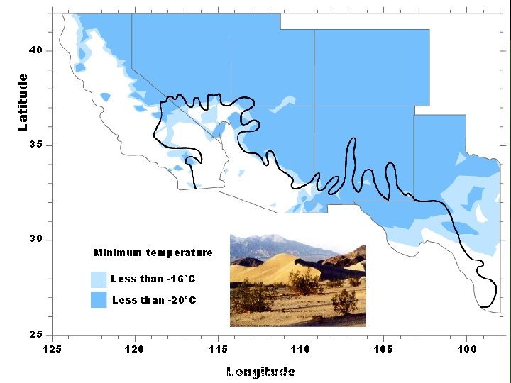 Latitude 40 35 30 Minimum temperature Less than -16°C Less than -20°C 25 120