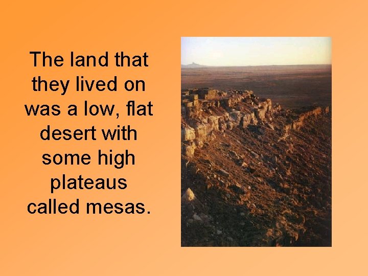 The land that they lived on was a low, flat desert with some high