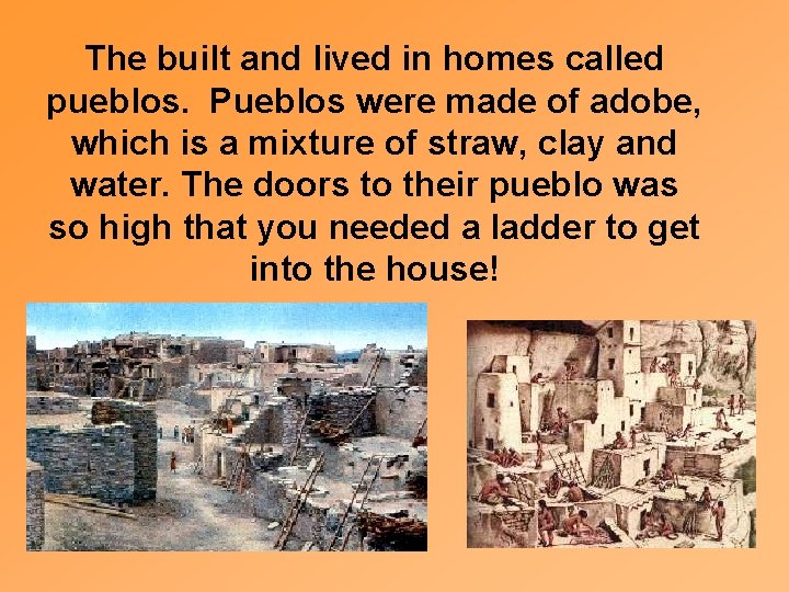 The built and lived in homes called pueblos. Pueblos were made of adobe, which