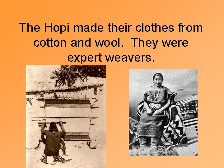 The Hopi made their clothes from cotton and wool. They were expert weavers. 