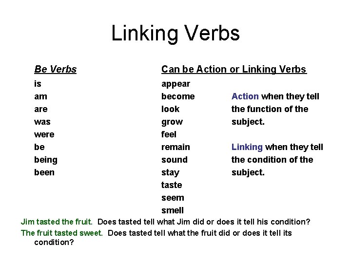 Linking Verbs Be Verbs Can be Action or Linking Verbs is am are was