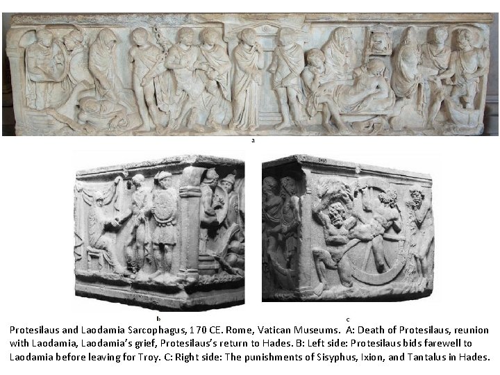 Protesilaus and Laodamia Sarcophagus, 170 CE. Rome, Vatican Museums. A: Death of Protesilaus, reunion