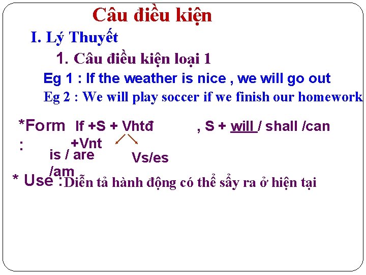 Câu điều kiện I. Lý Thuyết 1. Câu điều kiện loại 1 Eg 1