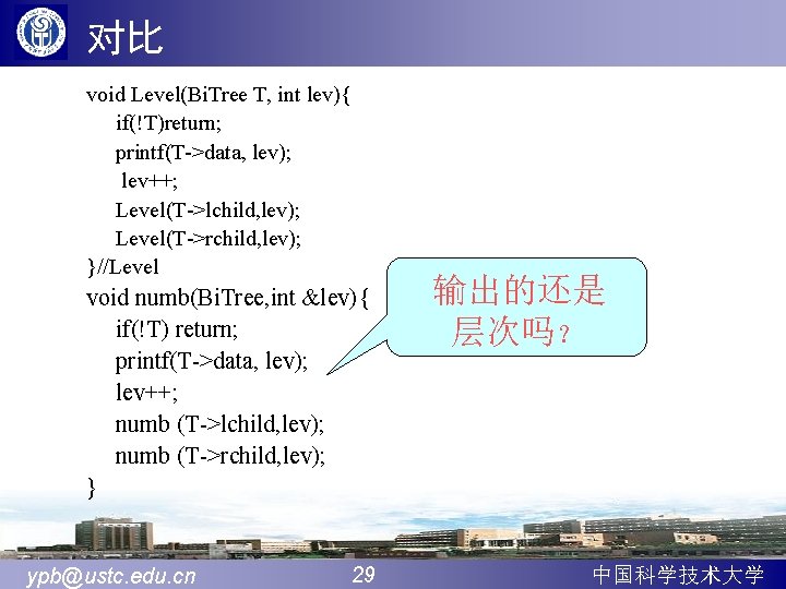 对比 void Level(Bi. Tree T, int lev){ if(!T)return; printf(T->data, lev); lev++; Level(T->lchild, lev); Level(T->rchild,