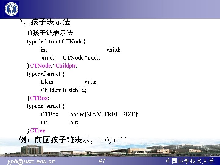 2、孩子表示法 1)孩子链表示法 typedef struct CTNode{ int child; struct CTNode *next; }CTNode, *Childptr; typedef struct