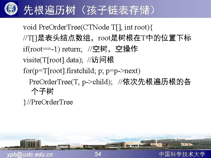 先根遍历树（孩子链表存储） void Pre. Order. Tree(CTNode T[], int root){ //T[]是表头结点数组，root是树根在T中的位置下标 if(root==-1) return; //空树，空操作 visite(T[root]. data);