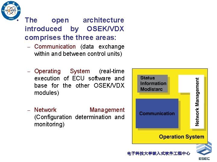  • The open architecture introduced by OSEK/VDX comprises the three areas: – Communication