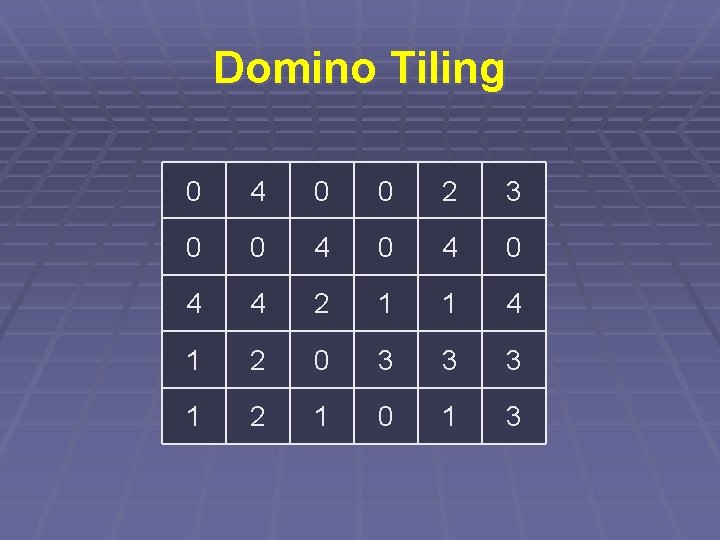 Domino Tiling 0 4 0 0 2 3 0 0 4 0 4 4