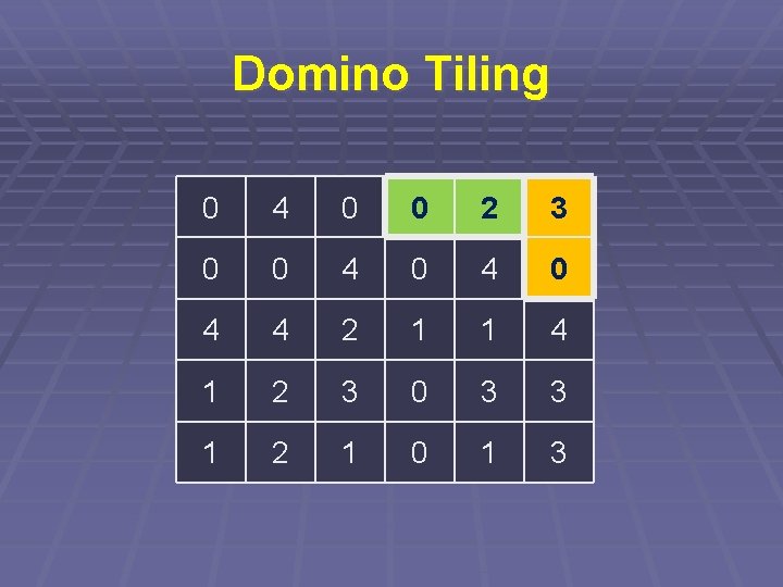 Domino Tiling 0 4 0 0 2 3 0 0 4 0 4 4