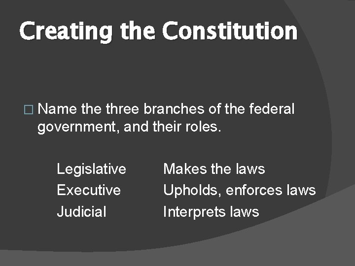 Creating the Constitution � Name three branches of the federal government, and their roles.