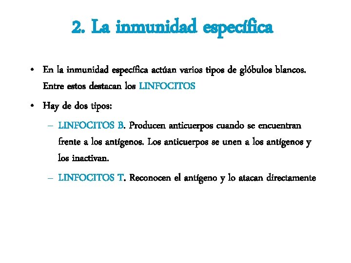 2. La inmunidad específica • En la inmunidad específica actúan varios tipos de glóbulos