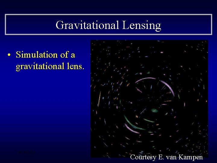 Gravitational Lensing • Simulation of a gravitational lens. 9/16/2021 Heidelberg 10 Courtesy E. van