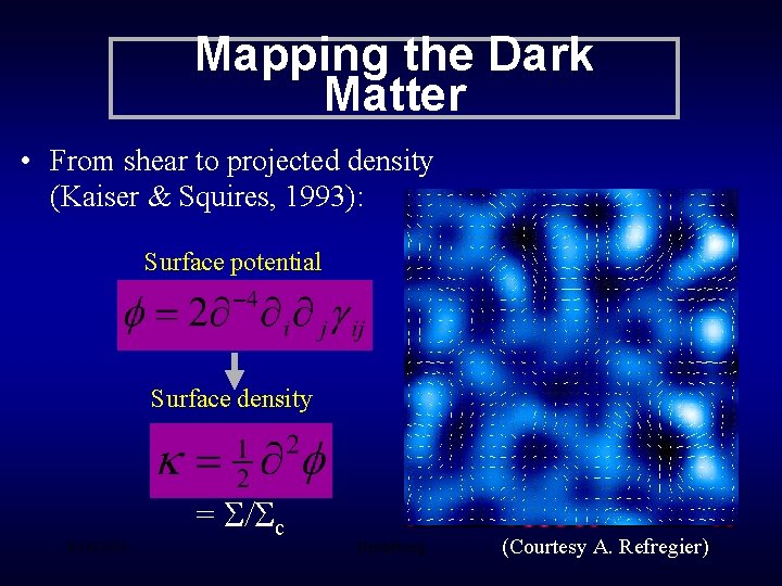 Mapping the Dark Matter • From shear to projected density (Kaiser & Squires, 1993):
