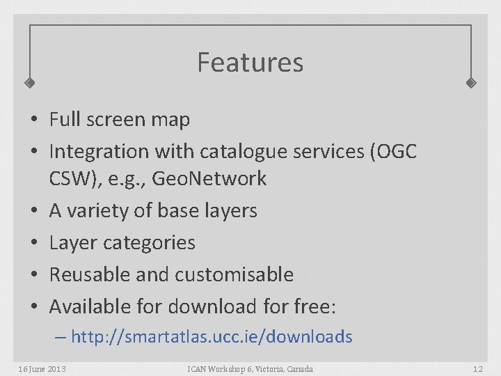 Features • Full screen map • Integration with catalogue services (OGC CSW), e. g.