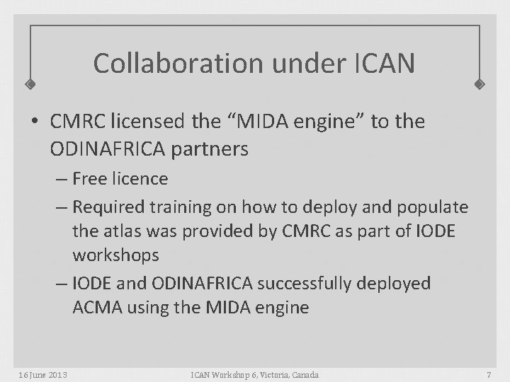 Collaboration under ICAN • CMRC licensed the “MIDA engine” to the ODINAFRICA partners –