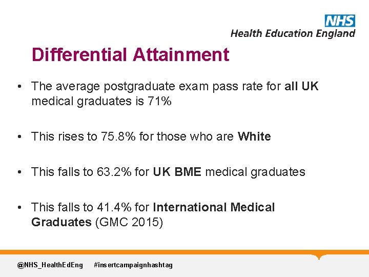 Differential Attainment • The average postgraduate exam pass rate for all UK medical graduates