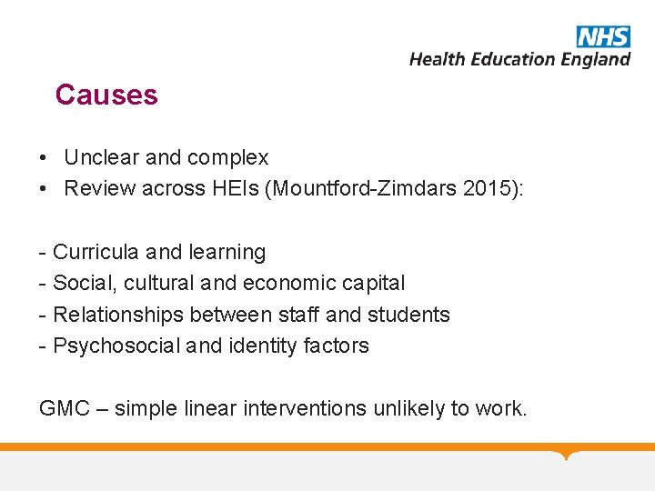 Causes • Unclear and complex • Review across HEIs (Mountford-Zimdars 2015): - Curricula and