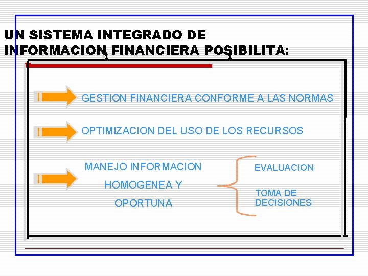 UN SISTEMA INTEGRADO DE INFORMACION FINANCIERA POSIBILITA: GESTION FINANCIERA CONFORME A LAS NORMAS OPTIMIZACION