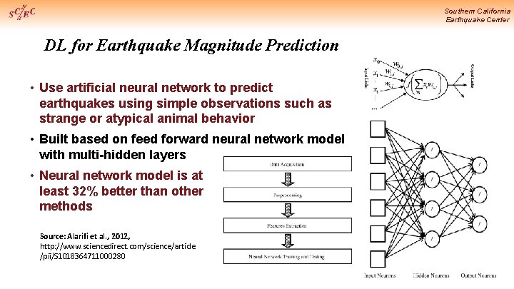 Southern California Earthquake Center DL for Earthquake Magnitude Prediction • Use artificial neural network