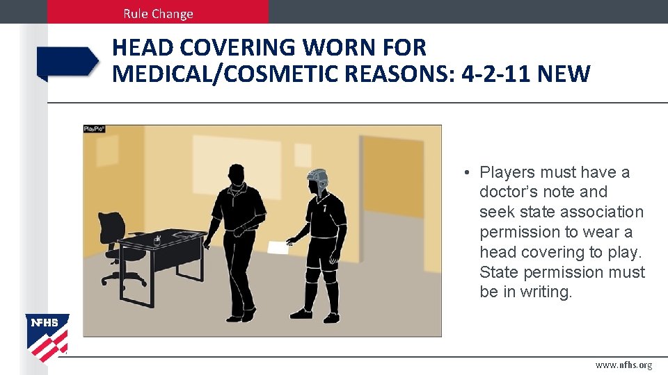 Rule Change HEAD COVERING WORN FOR MEDICAL/COSMETIC REASONS: 4 -2 -11 NEW • Players