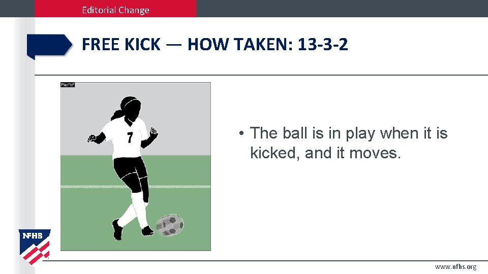 Editorial Change FREE KICK — HOW TAKEN: 13 -3 -2 • The ball is