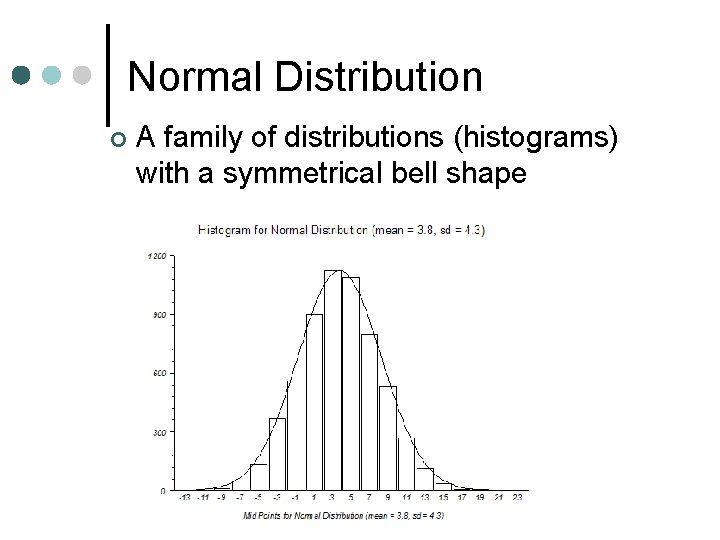 Normal Distribution ¢ A family of distributions (histograms) with a symmetrical bell shape 