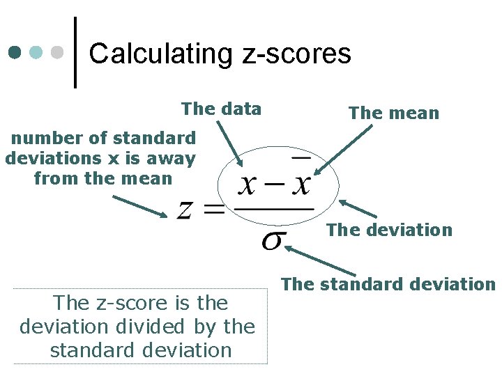 Calculating z-scores The data The mean number of standard deviations x is away from