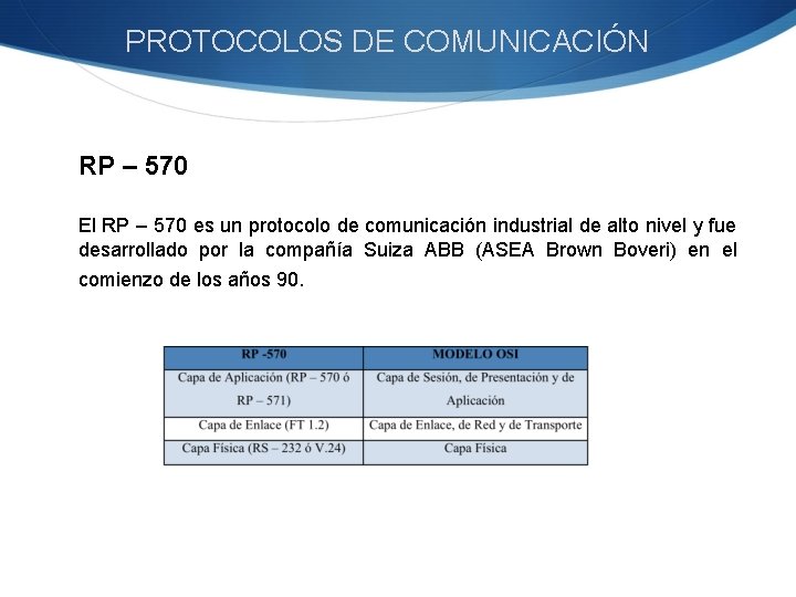 PROTOCOLOS DE COMUNICACIÓN RP – 570 El RP – 570 es un protocolo de