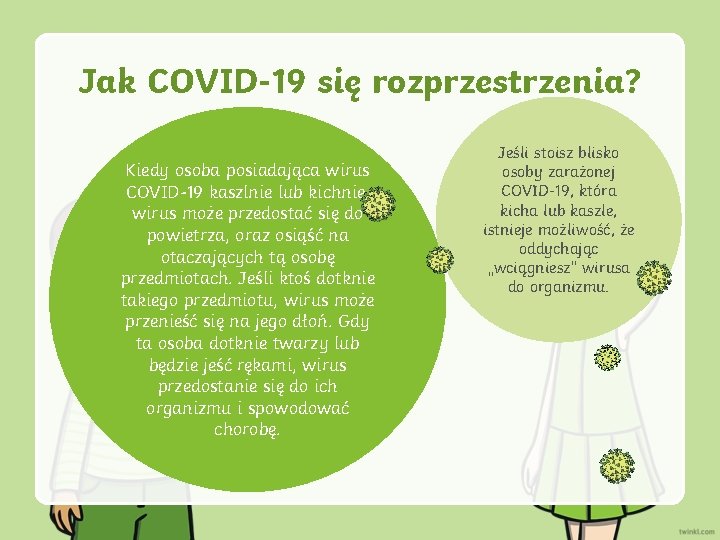 Jak COVID-19 się rozprzestrzenia? Kiedy osoba posiadająca wirus COVID-19 kaszlnie lub kichnie, wirus może