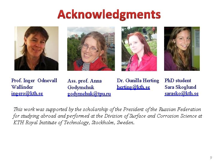 Prof. Inger Odnevall Wallinder ingero@kth. se Ass. prof. Anna Godymchuk godymchuk@tpu. ru Dr. Gunilla