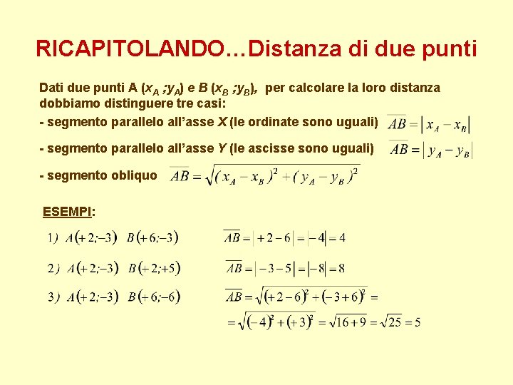 RICAPITOLANDO…Distanza di due punti Dati due punti A (x. A ; y. A) e