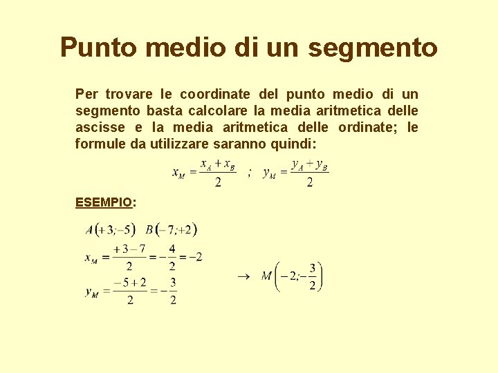 Punto medio di un segmento Per trovare le coordinate del punto medio di un