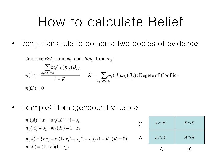 How to calculate Belief • Dempster’s rule to combine two bodies of evidence •