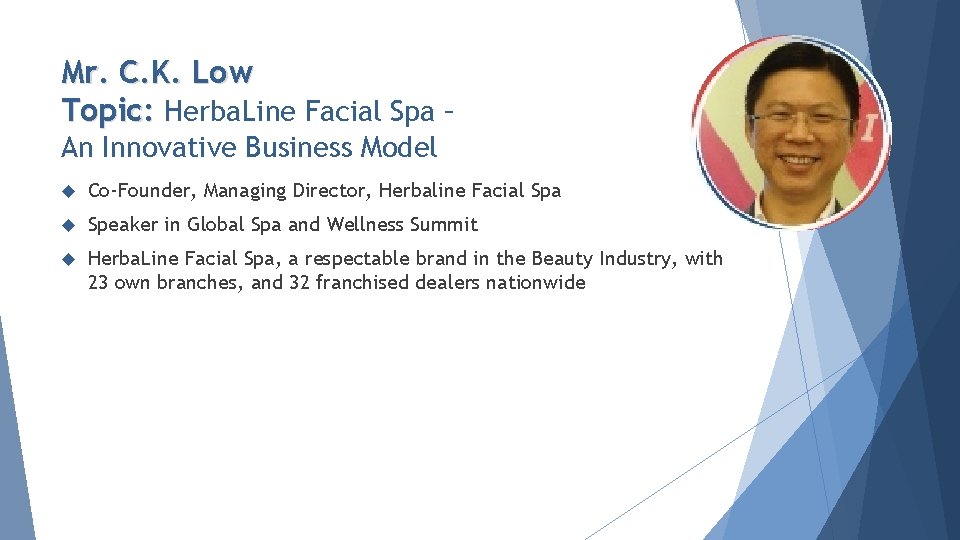 Mr. C. K. Low Topic: Herba. Line Facial Spa – An Innovative Business Model