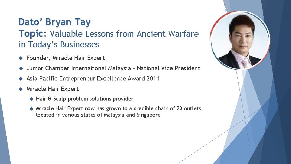 Dato’ Bryan Tay Topic: Valuable Lessons from Ancient Warfare in Today’s Businesses Founder, Miracle