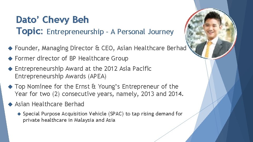 Dato’ Chevy Beh Topic: Entrepreneurship – A Personal Journey Founder, Managing Director & CEO,